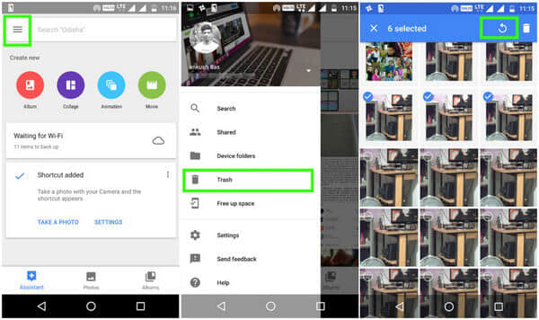 restore android gallery pictures to device from google photos app