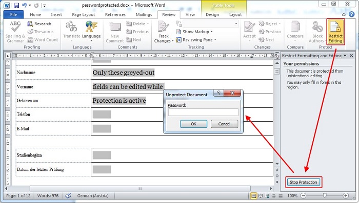 how to edit protect sections of document in word