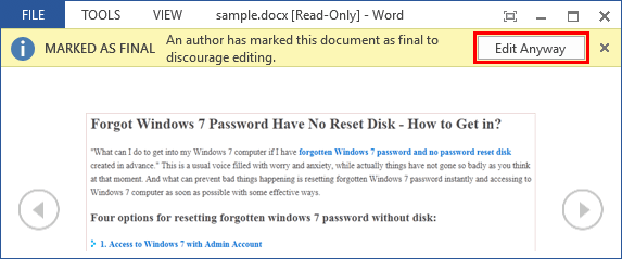 lock word document from editing 2010